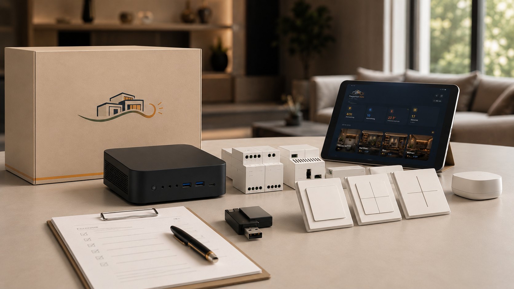 Prosperium Home Lieferumfang: gebrandete Box, Homeserver, vorbereitete Komponenten, Funk-Stick, Schalter, Tablet und Konfigurations-Checkliste